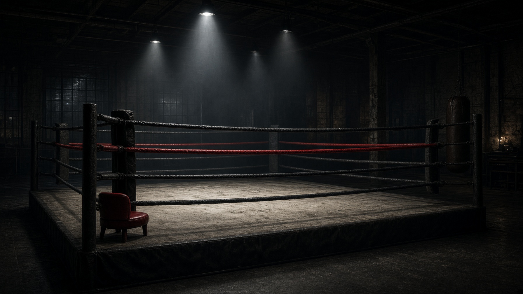 Ringue de boxe vazio sob holofotes
